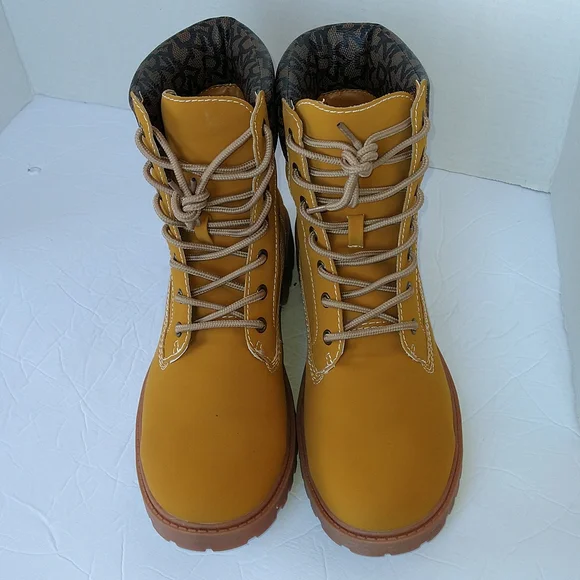 DKNY Miles Yellow Combat Moto Ankle Boots Faux Suede Lace-Up Size 8.5 - Picture 6 of 12